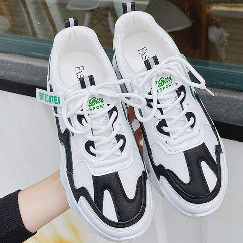 

Colorblock Lace-up Mesh Chunky Sneakers, Black and white