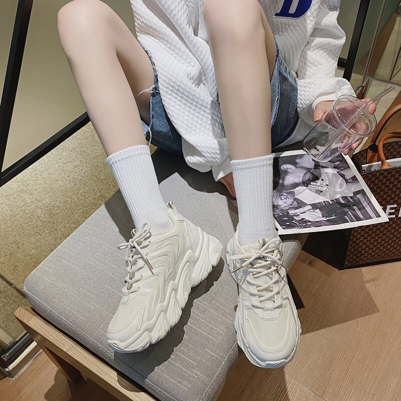 

Glitter Lace-up Mesh Chunky Sneakers, Beige