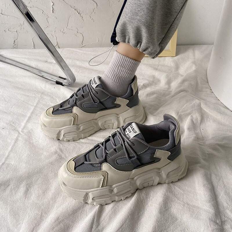 

Colorblock Lace-up Mesh Chunky Sneakers, Grey