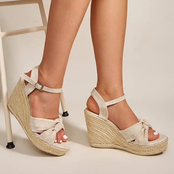 

Knot Design Ankle Strap Wedge Sandals, Beige