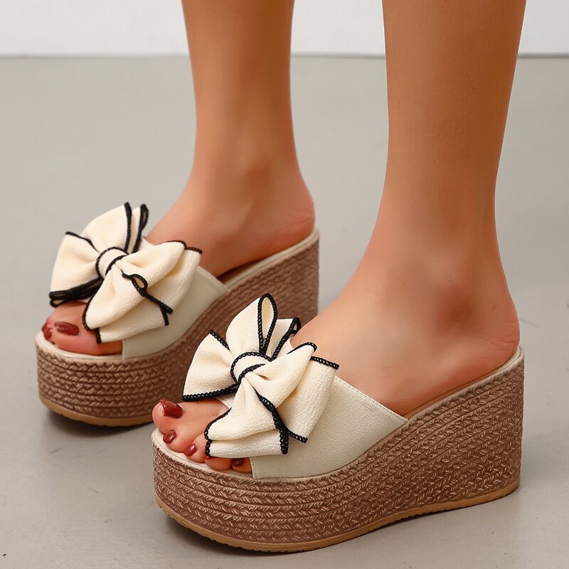 

Bow Wedge Mules, Beige