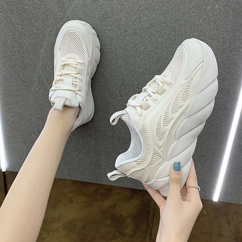 

Solid Lace-up Mesh Chunky Sneakers, Beige