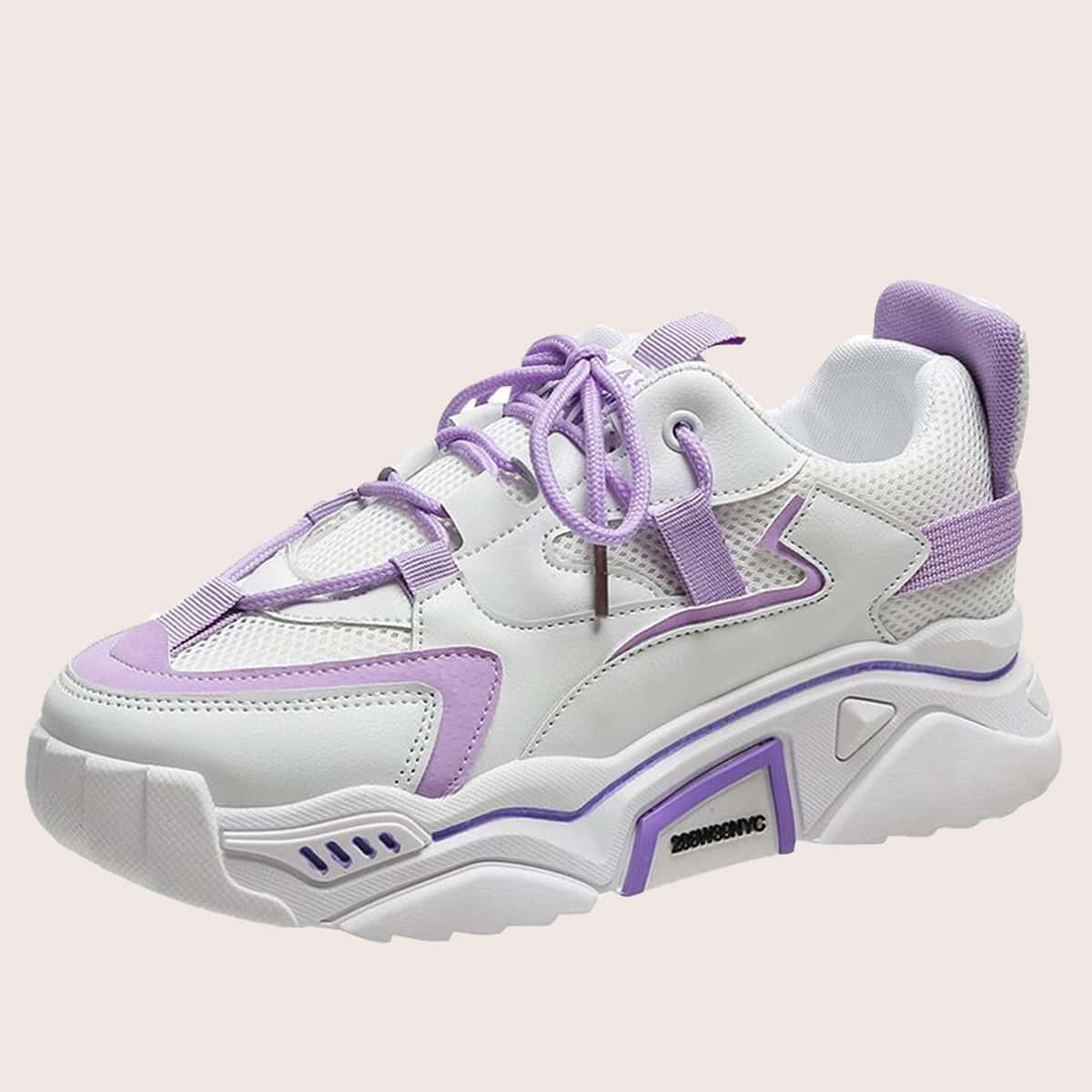 

Colorblock Lace-up Mesh Chunky Sneakers, White