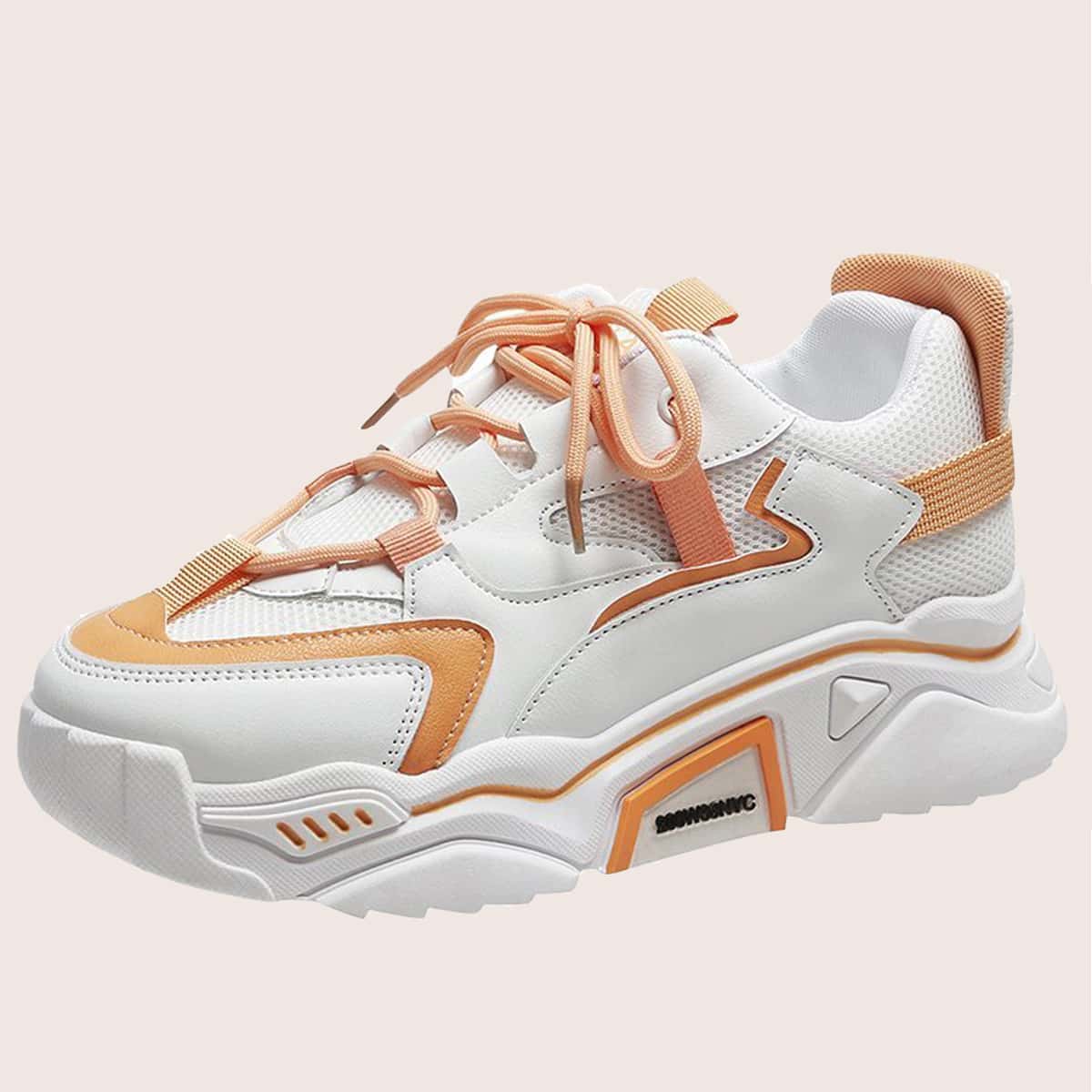 

Colorblock Lace-up Mesh Chunky Sneakers, White