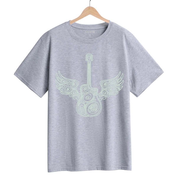 

Guitar Print Crew Neck Tee, Light grey