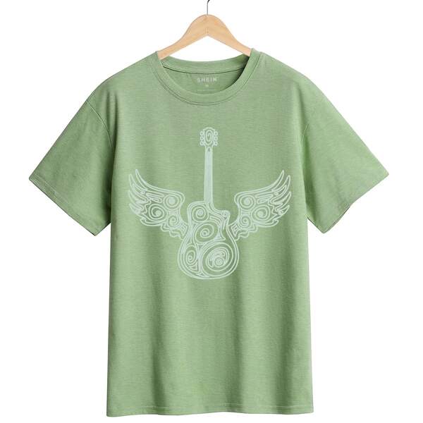 

Guitar Print Crew Neck Tee, Green