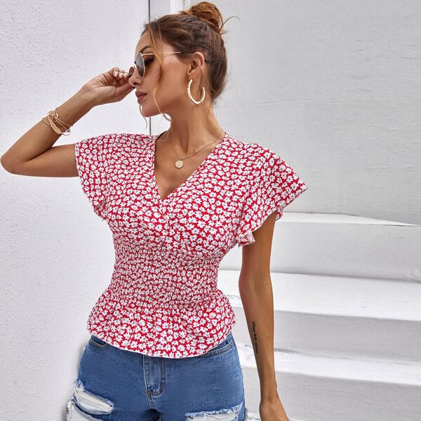 

Ditsy Floral Shirred Smock Blouse, Red and white