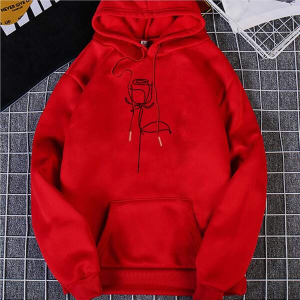 

Rose Print Thermal Lined Hoodie, Red
