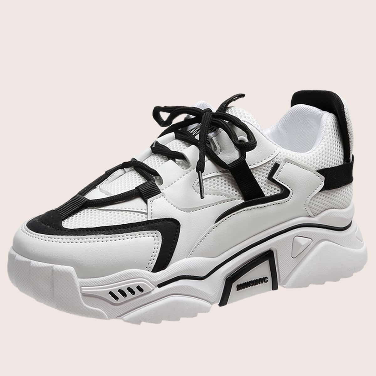 

Colorblock Lace-up Mesh Chunky Sneakers, Black and white