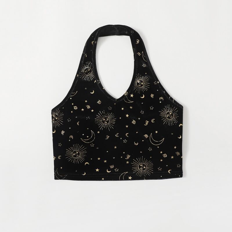 

Velvet Sun & Moon Graphic Halter Crop Top, Black