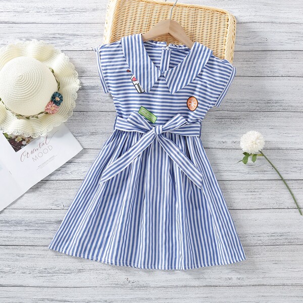 

Girls Striped Peter Pan Collar Belted Dress, Blue
