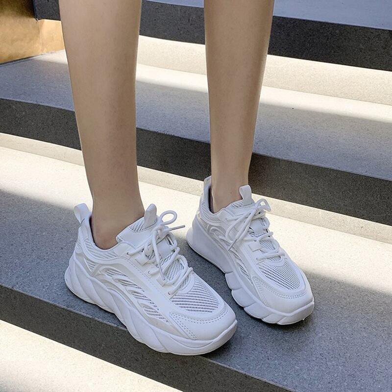

Solid Lace-up Mesh Chunky Sneakers, White