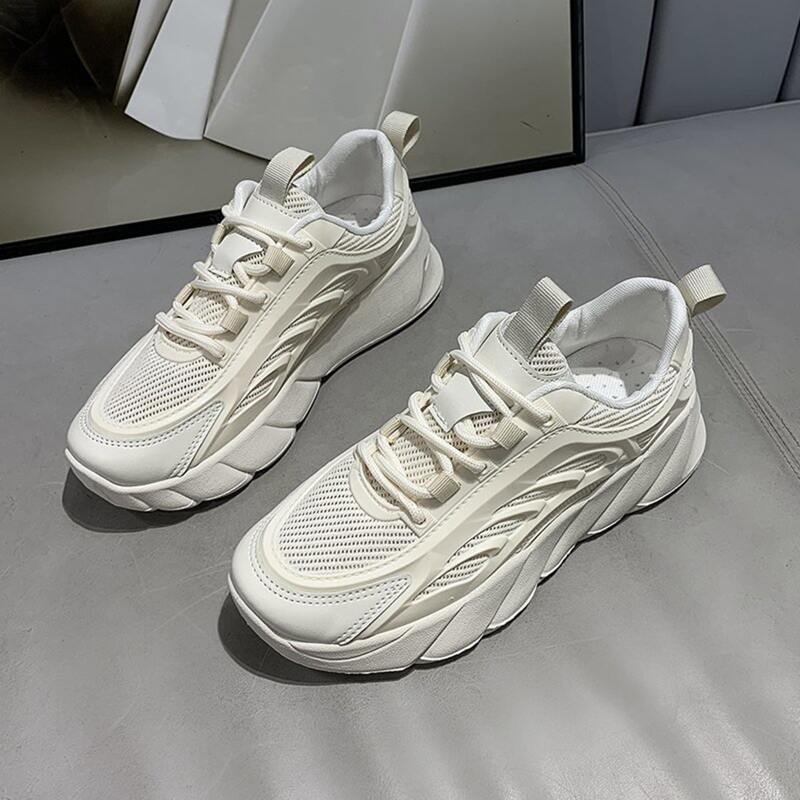 

Solid Lace-up Mesh Chunky Sneakers, Beige