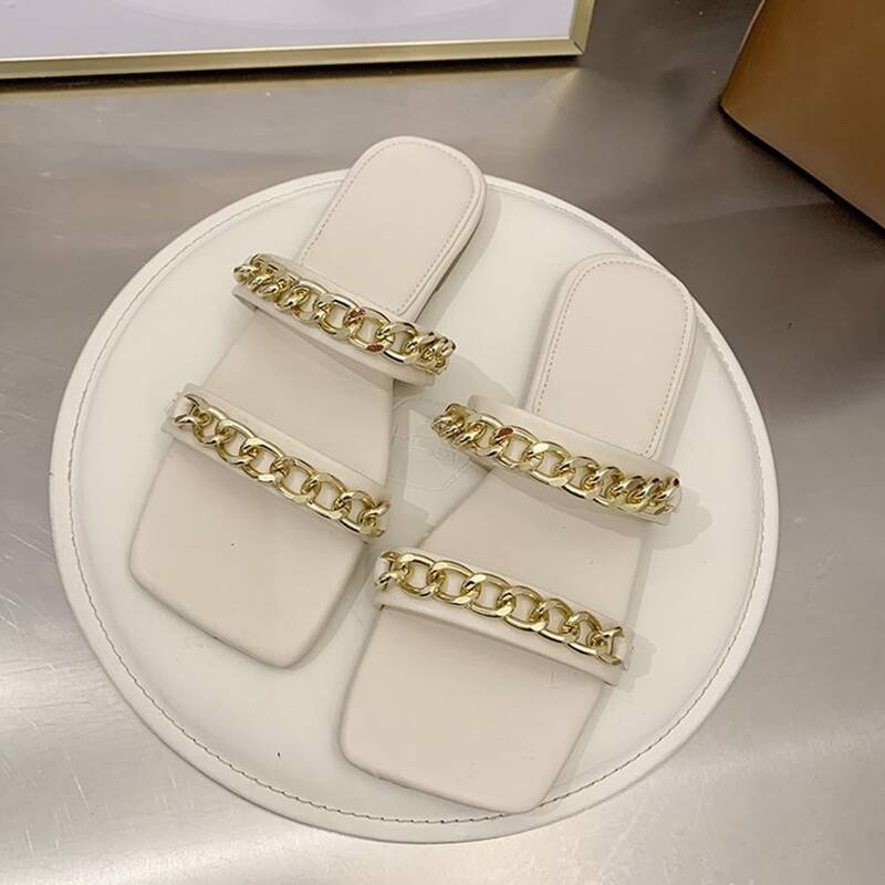 

Chain Strap Slide Sandals, Beige