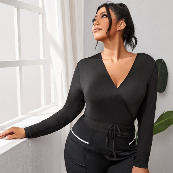 

Plus Solid Wrap Tie Front Sports Top, Black