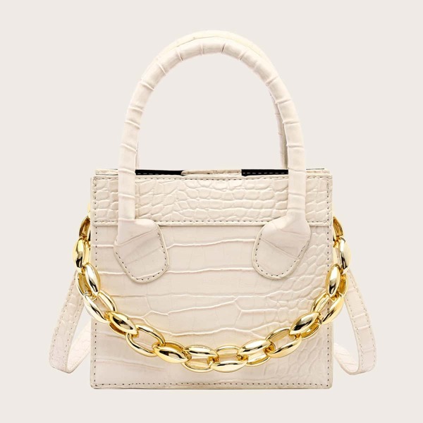 

Chain Decor Croc Embossed Satchel Bag, Beige