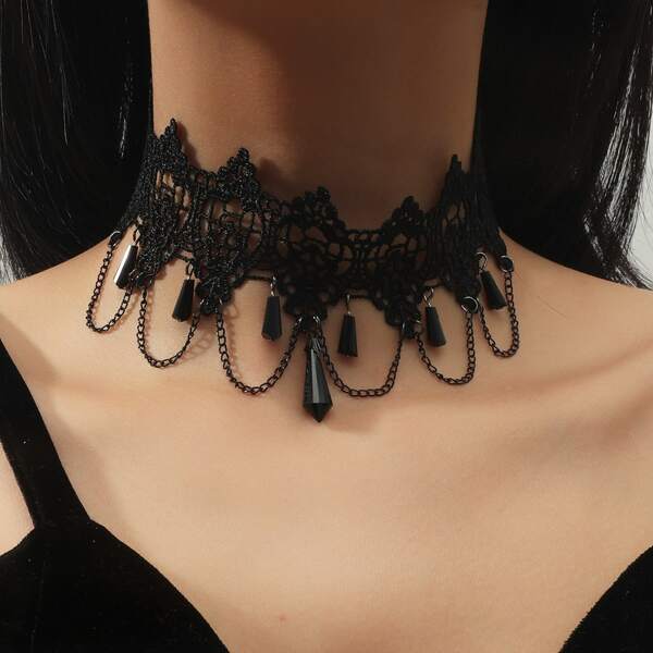 

Crystal Decor Lace Choker, Black