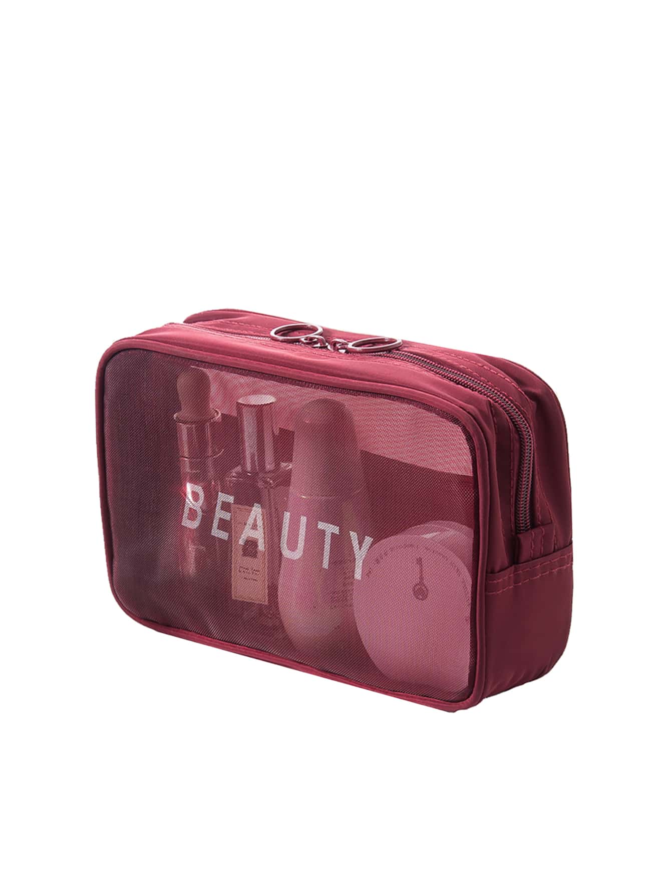 Letter Graphic Mesh Square Makeup Bag Storage Makeup Organizer Makeup Case - Burgundy - View 1