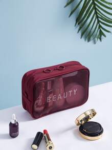 Letter Graphic Mesh Square Makeup Bag Storage Makeup Organizer Makeup Case - Burgundy - View 2