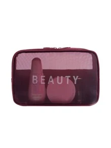 Letter Graphic Mesh Square Makeup Bag Storage Makeup Organizer Makeup Case - Burgundy - View 3