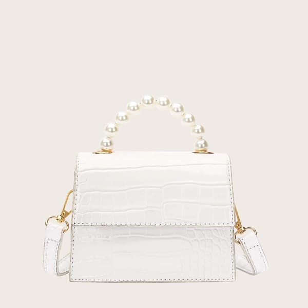 

Mini Faux Pearl Handle Satchel Bag, White
