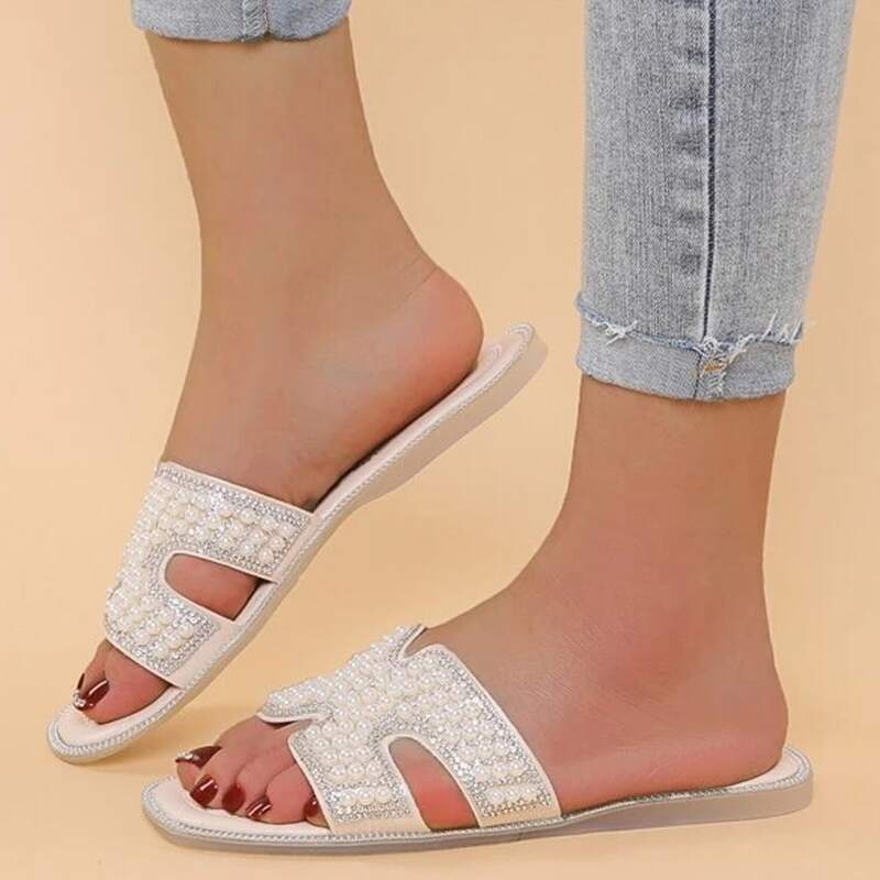 

Rhinestone & Faux Pearl Slide Sandals, Beige