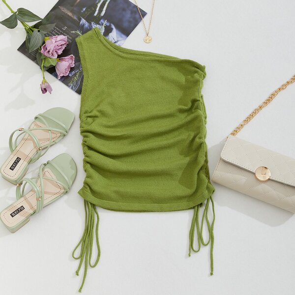 

One Shoulder Drawstring Side Knit Top, Olive green