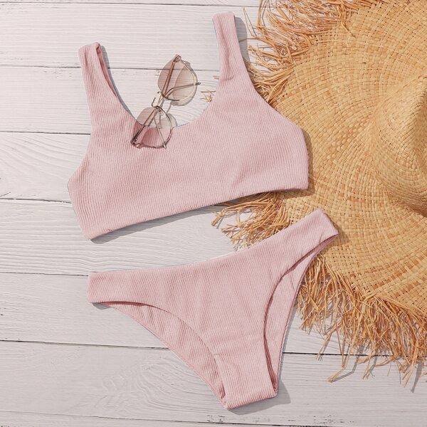 

Scoop Neck Wireless Bra Bikini Swimsuit, Baby pink