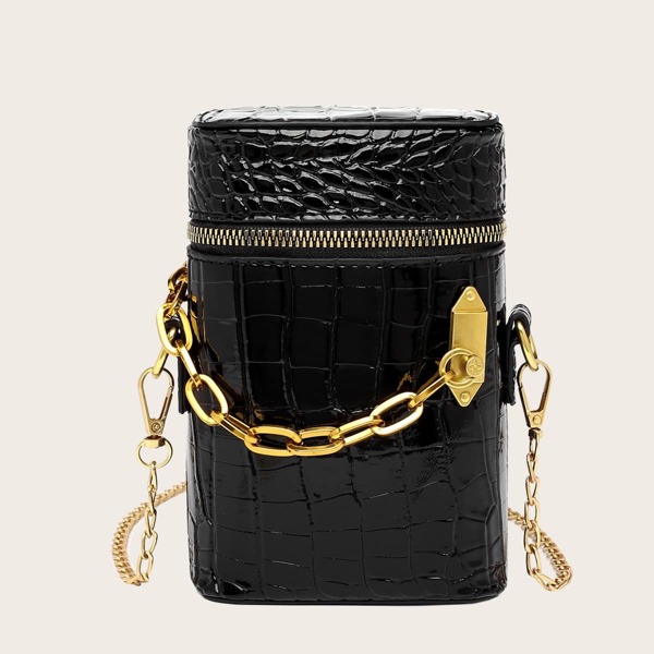 

Chain Decor Croc Embossed Crossbody Bag, Black