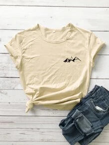 SHEIN Unity Camiseta con estampado de luna y montaña - Beis - Ver 1