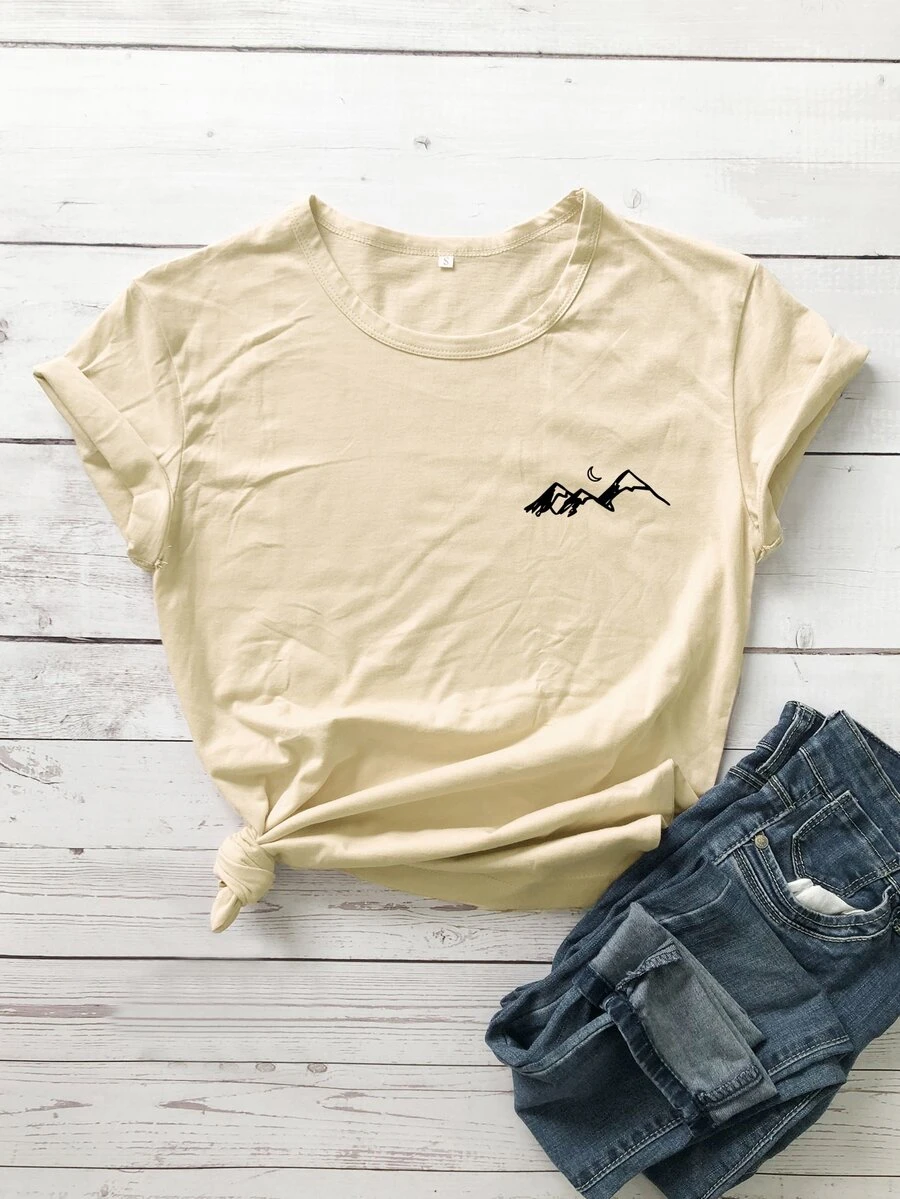 SHEIN Unity Camiseta con estampado de luna y montaña - Beis - Ver 1