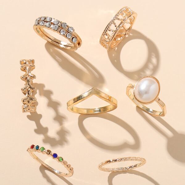 

7pcs Rhinestone Decor Ring, Gold