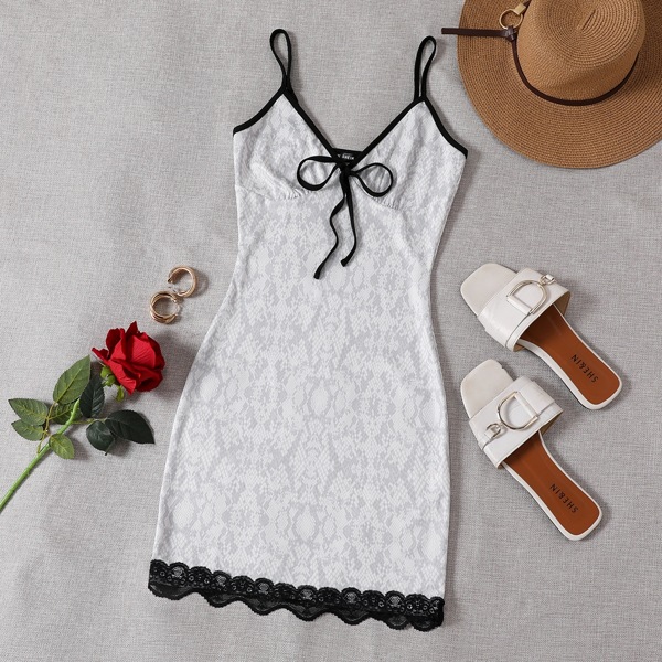 

Tie Front Lace Trim Dress, White