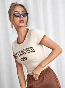 Muchica Letter Graphic Crop Ringer Tee - Apricot - View 2