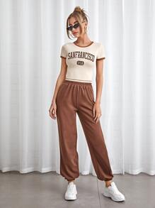 Muchica Letter Graphic Crop Ringer Tee - Apricot - View 5