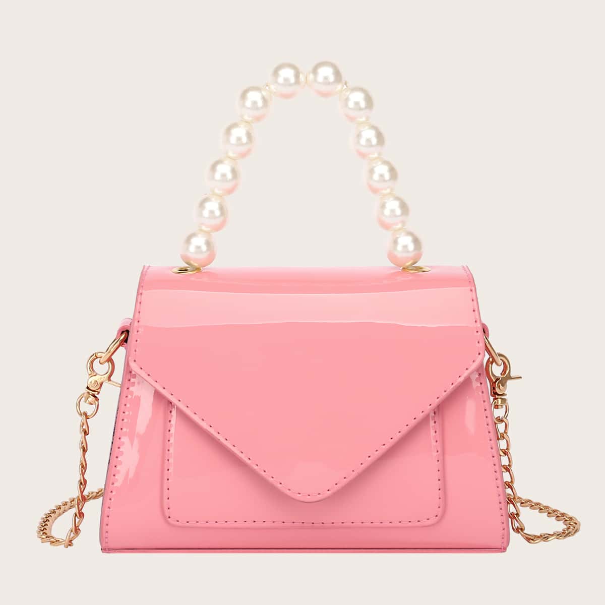 

Faux Pearl Handle Patent Leather Satchel Bag, Watermelon pink