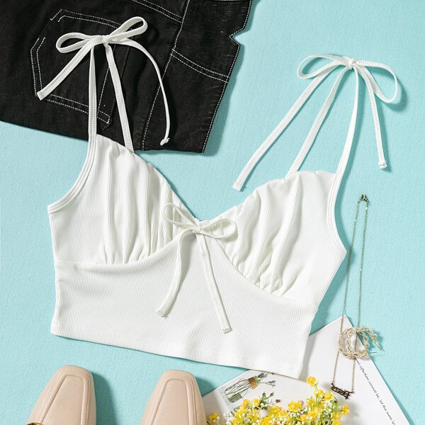 

Knot Straps Tie Front Ruched Bust Cami Top, White
