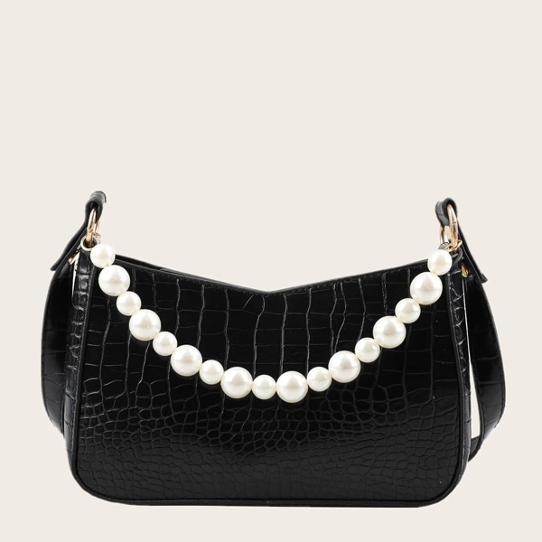 

Faux Pearl Decor Croc Embossed Baguette Bag, Black