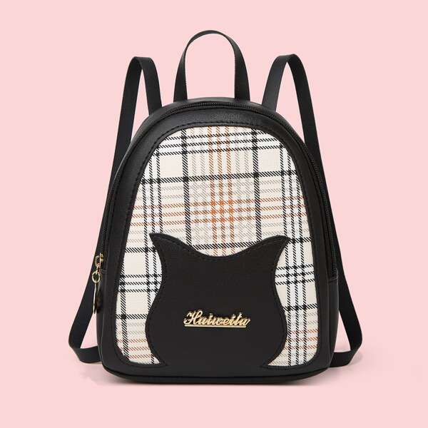 

Metal Letter Decor Plaid Backpack, Black
