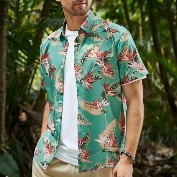 

Men Tropical Print Button Through Shirt Without Tee, Mint green