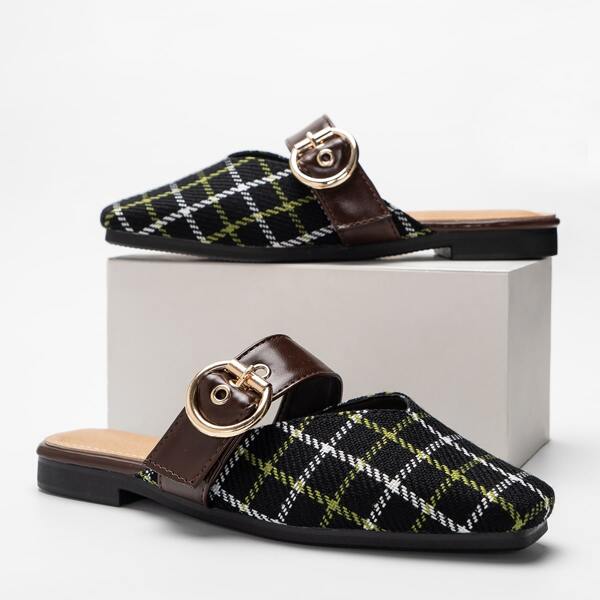

Eyelet Buckle Decor Plaid Flat Mules, Black
