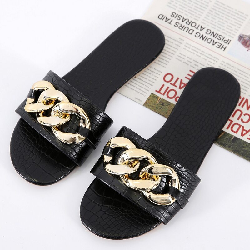 

Chain Croc Embossed Slide Sandals, Black
