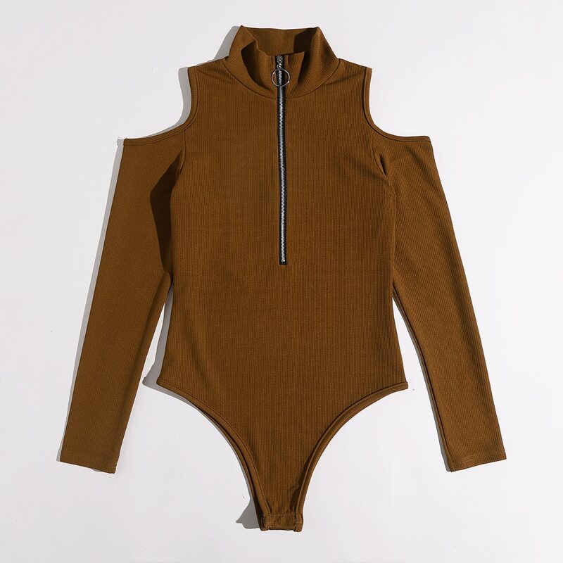 

Zip Up Cut Out Ribbed Bodysuit, Brown