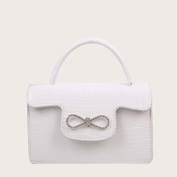 

Rhinestone Bow Decor Croc Embossed Satchel Bag, White