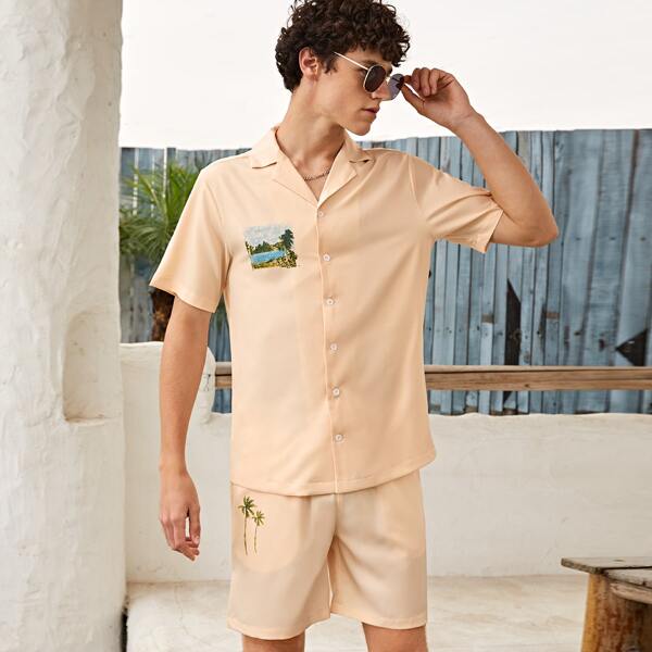 

Men Tropical Print Shirt & Shorts, Apricot