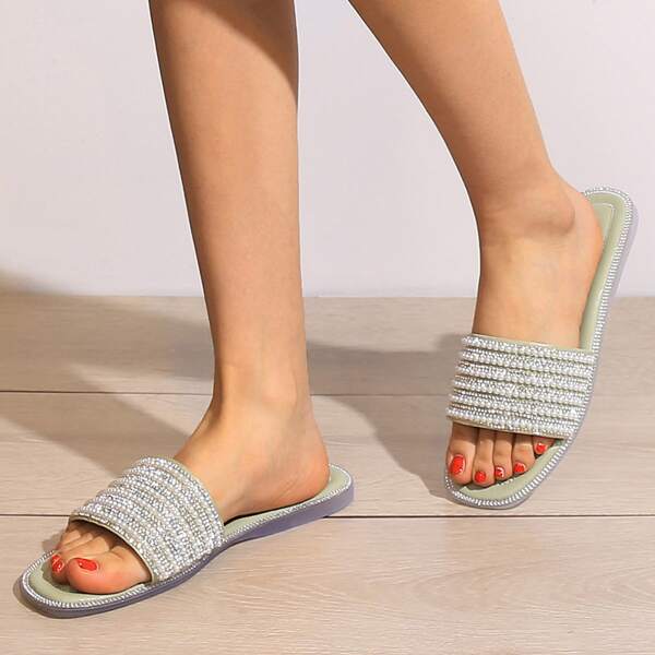 

Faux Pearl & Rhinestone Decor Slide Sandals, Mint green
