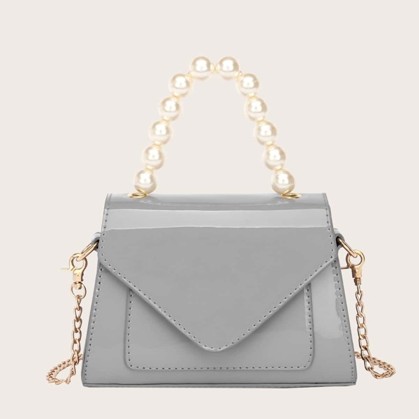 

Faux Pearl Handle Patent Leather Satchel Bag, Grey