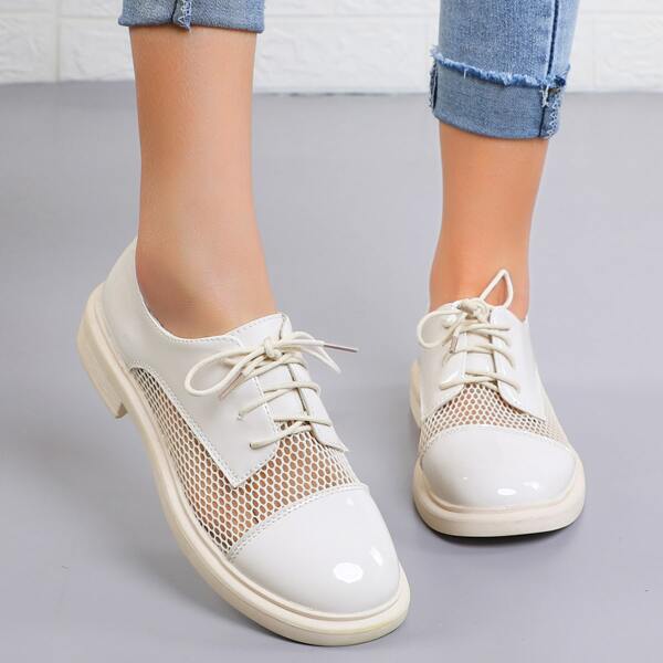 

Patent Leather Mesh Oxford Shoes, Beige
