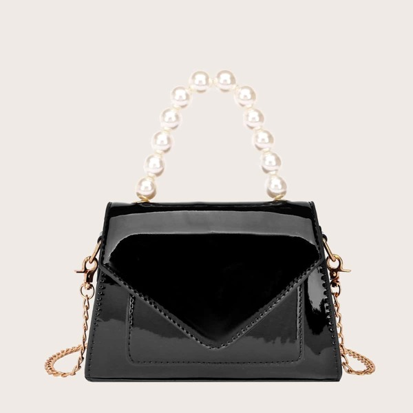 

Faux Pearl Handle Patent Leather Satchel Bag, Black