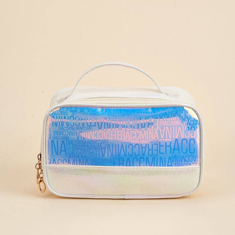 

Letter Graphic Holographic Square Makeup Bag, Beige